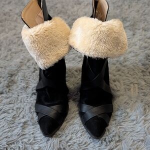 Women's Black Pointed-Toe Heels with Cream Faux Fur Cuff
